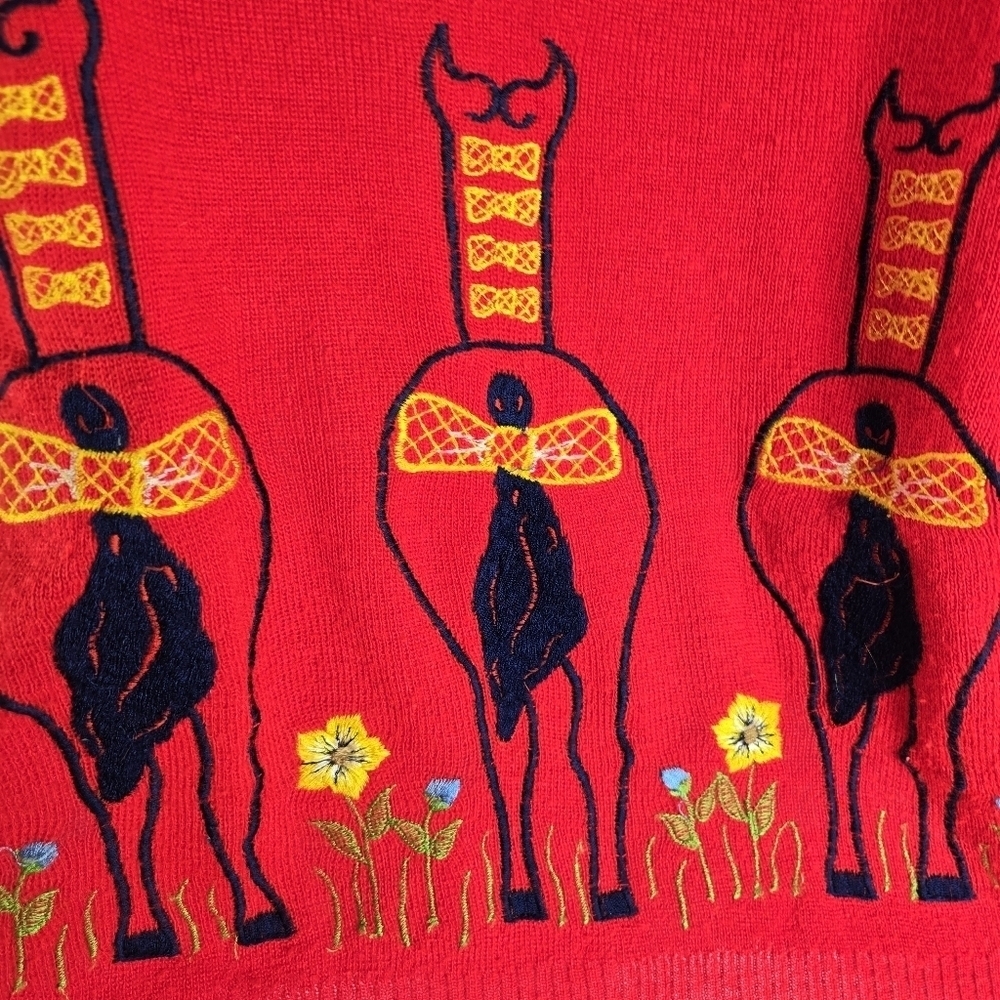 Vtg 70s red embroidered novelty equestrian cute horses v neck sweater reed hill - Picture 4 of 11